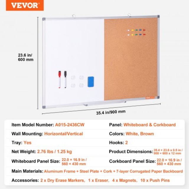 VEVOR Πίνακας Συνδυασμού Λευκού & Φελλού 36x 24 με Αλουμινένιο Πλαίσιο για Σχολείο & Σπίτι  RMB36X24BBRM12MTFV0