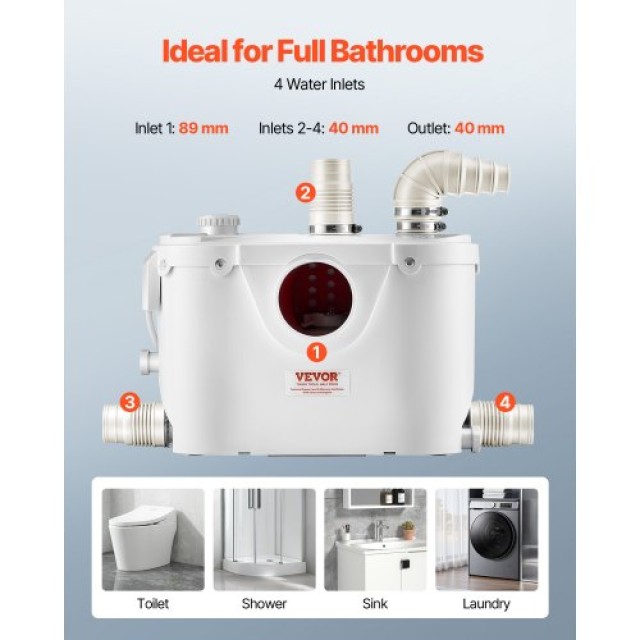 VEVOR Αντλία Μακερατέρ 500W για Τουαλέτα και Νιπτήρα Υπογείου MTJZB...