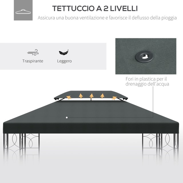 Outsunny 4x3m 2-Tier Polyester Gazebo κάλυμμα με ιμάντες και 10 οπές αποστράγγισης, γκρι ανθρακί 84C-102GY