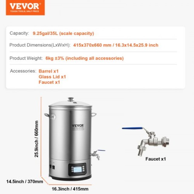 Σύστημα Ζυθοποίησης VEVOR 8 Γαλόνια, Ανοξείδωτο, Ηλεκτρονικός Έλεγχος  PJNJJ8GALWBDXJHW9V2