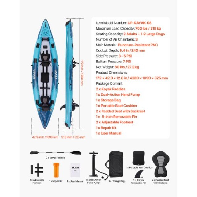 VEVOR Διθέσιο Φουσκωτό Καγιάκ Αναψυχής 700LBS XXPHT2RQSKZDV75EI001V0