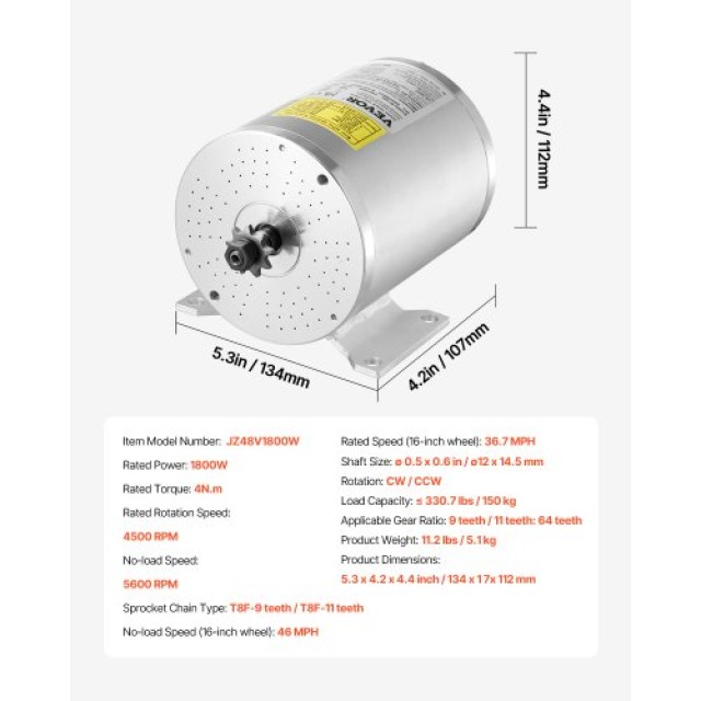 VEVOR Σετ Ηλεκτρικού Κινητήρα 1800W 48V 4500rpm με Ελεγκτή ZLWSDJTJ18007TVWHV9