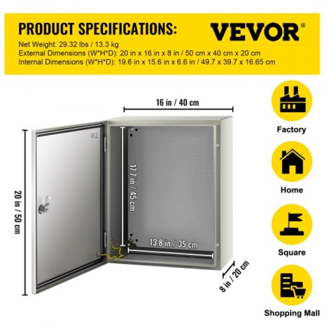 VEVOR NEMA Χαλύβδινο Κουτί 20x16x8 NEMA 4X, IP66 Αδιάβροχο & Ανθεκτικό στη Σκόνη, Εξωτερικού/Εσωτερικού Χώρου, με Πλάκα Στήριξης  DQXJSTCFS50X40X20V0
