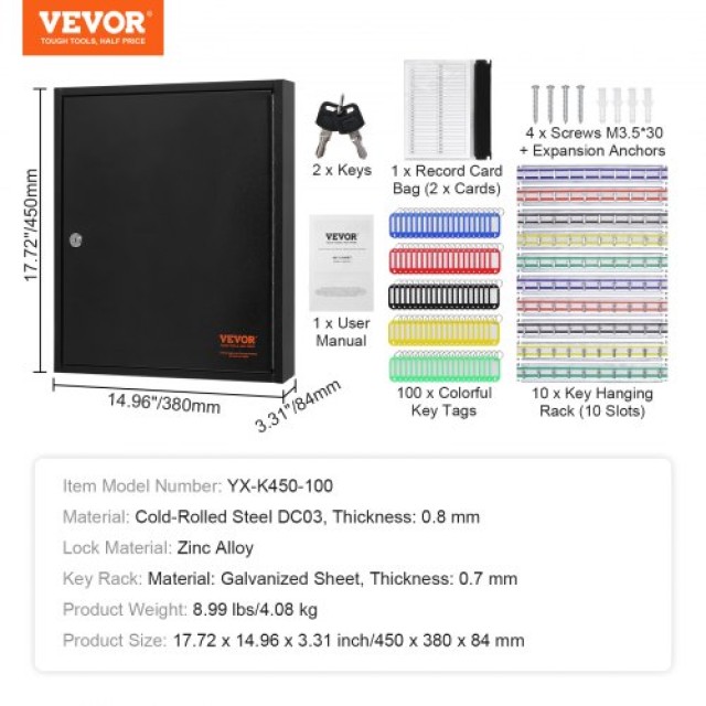 Ντουλάπι Κλειδιών VEVOR 100 Θέσεων με Ρυθμιζόμενα Ράφια & Χρωματιστ...