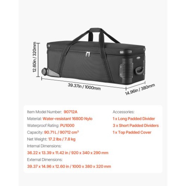 VEVOR Τροχήλατη Θήκη Εξοπλισμού Στούντιο 100x38x32 εκ. για Κάμερες SYSBLGX1680DD8MH4V0