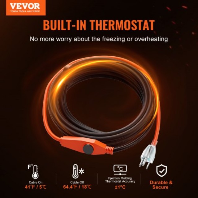 VEVOR  Καλώδιο Θέρμανσης Σωλήνων 18m 23W/m με Ενσωματωμένο Θερμοστάτη HGLGWQGDJRDLHDLEJV2