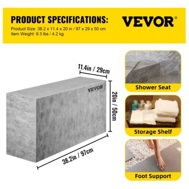 VEVOR  Πλακάκι Ντους Καθίσματος, 38.2 x 11.4 x 20 Έτοιμο για Πλακάκι, Αδιάβροχο & Στεγανό, 440 lbs Φορτίο, Ορθογώνιο Καθιστικό Ντους  FSLY115X38X20Y2XKV0