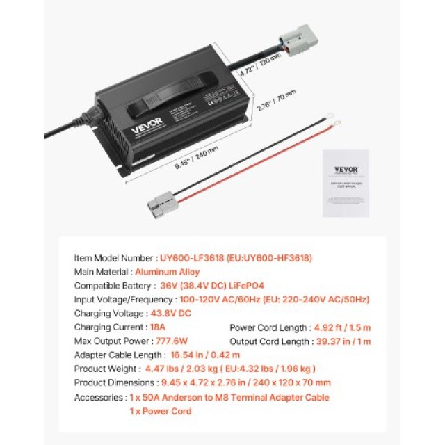 VEVOR Φορτιστής Μπαταρίας Λιθίου 43.8V AC-DC LiFePO4 για RV FCCDQ36...