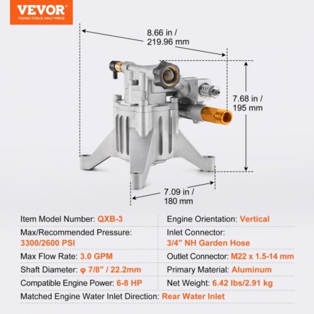 VEVOR  Αντλία Πλυστικού 7/8 Κάθετη 3300 PSI 3.0GPM με 5 Ακροφύσια  ZZXPB25GPM78V65QWV0