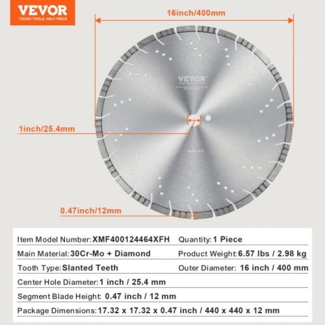 Δίσκος Διαμαντιών VEVOR 16 για Σκυρόδεμα, Υγρή/Ξηρή Κοπή  JGSQGJP400MMYG7DTV0