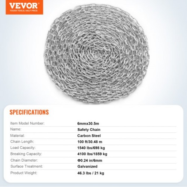 VEVOR  Αλυσίδα Χάλυβα Ψευδαργύρου 1/4 x 100 1540 lbs GLDXLT6MMX30.5M01V0