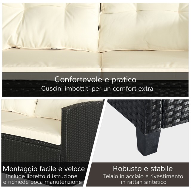 Outsunny Σετ Έπιπλα Κήπου 4 τεμαχίων σε PE Rattan Τραπεζάκι σαλονιού, Καναπές και Πολυθρόνες Μαύρο με Μπεζ μαξιλάρια 860-117CW