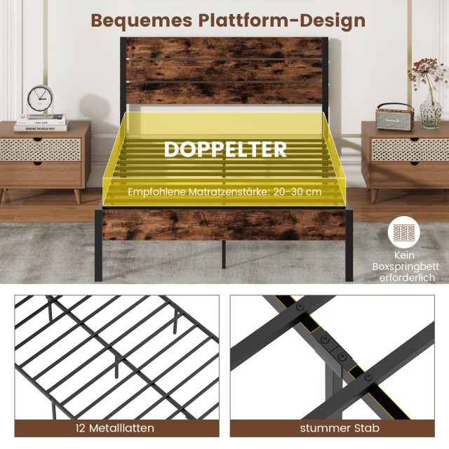 Costway Μεταλλικό Κρεβάτι 200 x 140 cm με Λάττες και Αποθηκευτικό Χ...