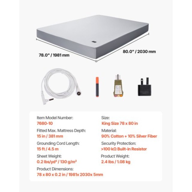 VEVOR Σεντόνια Γείωσης King Size 90% Βαμβάκι + 10% Ασημένια Ίνα (78...