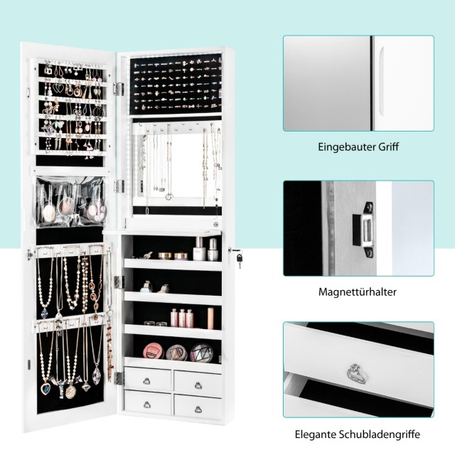 Costway Λευκή Ντουλάπα Κοσμημάτων με LED Φωτισμό και Ολόσωμο Καθρέφ...