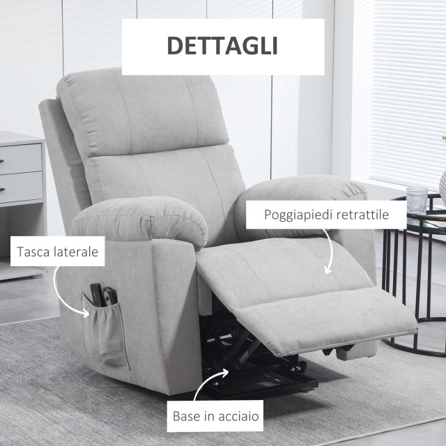 HOMCOM  Πολυθρόνα Ανυψωτική Ανακλινόμενη στις 135° με 8 Σημεία Μασάζ και Υποπόδιο, 89x99x103 εκ., Ανοιχτό Γκρι  713-097V90LG