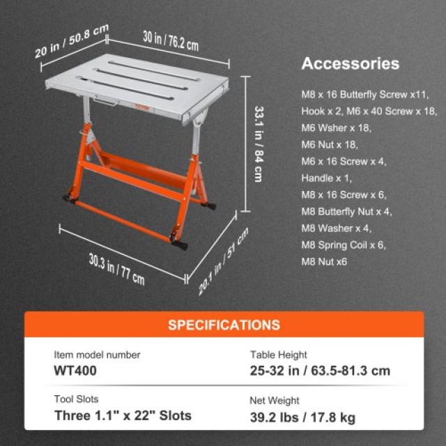 VEVOR Τραπέζι Συγκόλλησης 30 x 20, 400lbs, Ρυθμιζόμενο Ύψος, Αναδιπλούμενο με Ρόδες  KZDHZ400LB302X80EV0