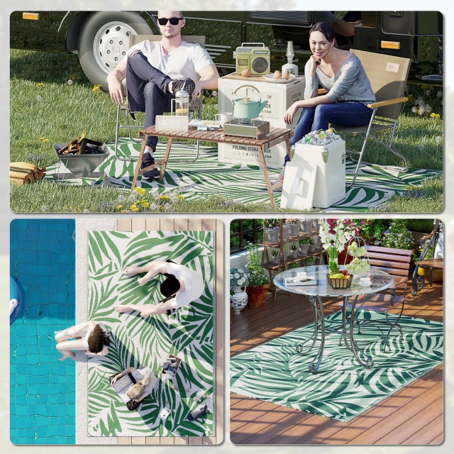 Outsunny Εξωτερικό Χαλί για Μπαλκόνι και Βεράντα Αναστρέψιμο με Σχέδιο Φύλλων, 152x243 εκ., Πράσινο και Λευκό 844-645V00DG