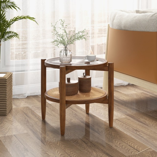 Costway Στρογγυλό Βοηθητικό Τραπέζι Rattan με Γυάλινη Επιφάνεια σε ...
