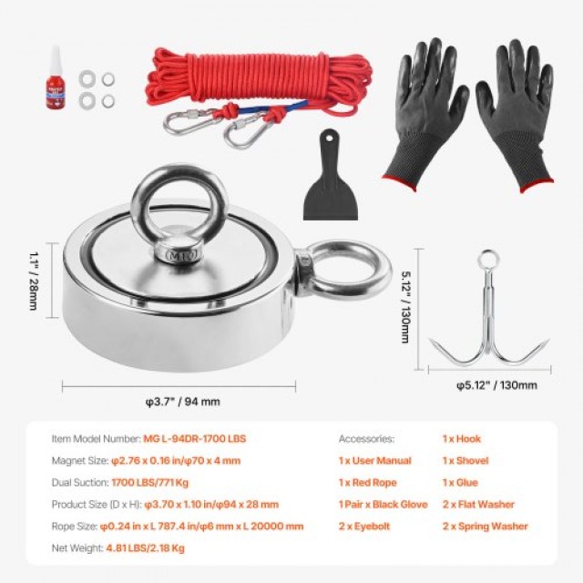 VEVOR Ισχυρό Κιτ Μαγνήτη Ψαρέματος 770KG Διπλής Όψης με Σχοινί και ...