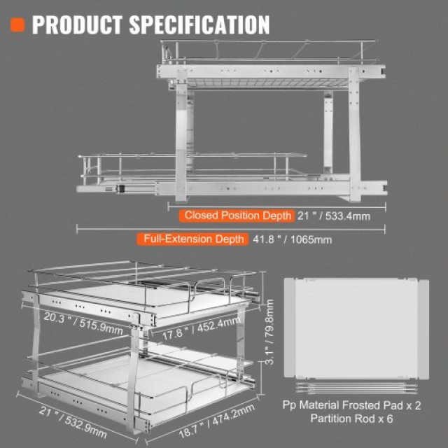 Διπλό Ράφι VEVOR 48x51εκ, Βαρέως Τύπου, Χρωμιωμένο, Συρόμενο για Ντουλάπια Κουζίνας/Μπάνιου  HGS220W21D15HSW3PV0