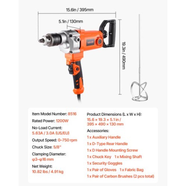 VEVOR Ηλεκτρικό Αναδευτήρας Δράπανο 1200W 0-750RPM με Καλώδιο για Μ...