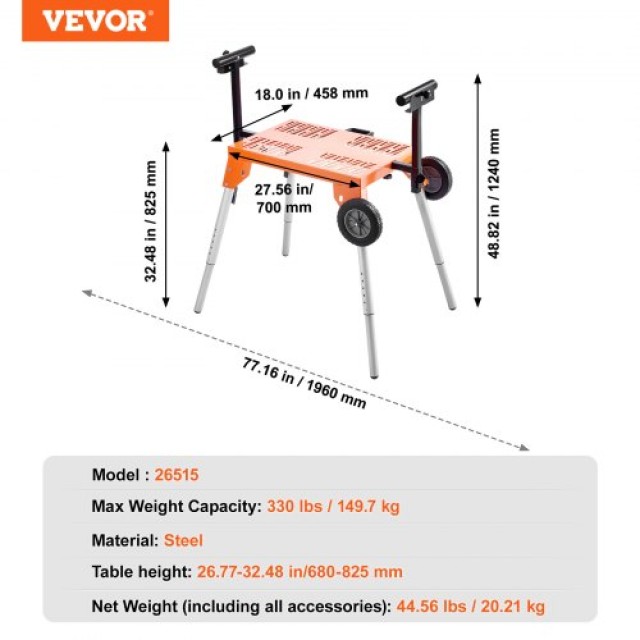 VEVOR  Ρυθμιζόμενη Βάση Πριονιού με Τροχούς 330lbs  TSXQJZJ5060IEB045V0