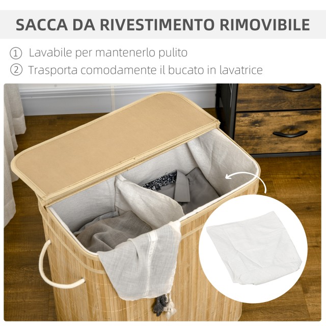 HOMCOM  Καλάθι Απλύτων 90L Πτυσσόμενο με 2 Διαμερίσματα, Καπάκι και Λαβές από Μπαμπού  850-231V00ND