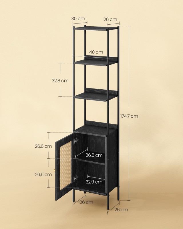 VASAGLE Βιβλιοθήκη 6 Επιπέδων με Πόρτα Rattan, Ραφιέρα για Σαλόνι 