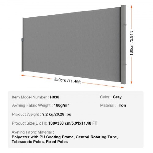 VEVOR Αναδιπλούμενη Πλαϊνή Τέντα 71x138, Γκρι  KSSCP180X350D1WHJV0