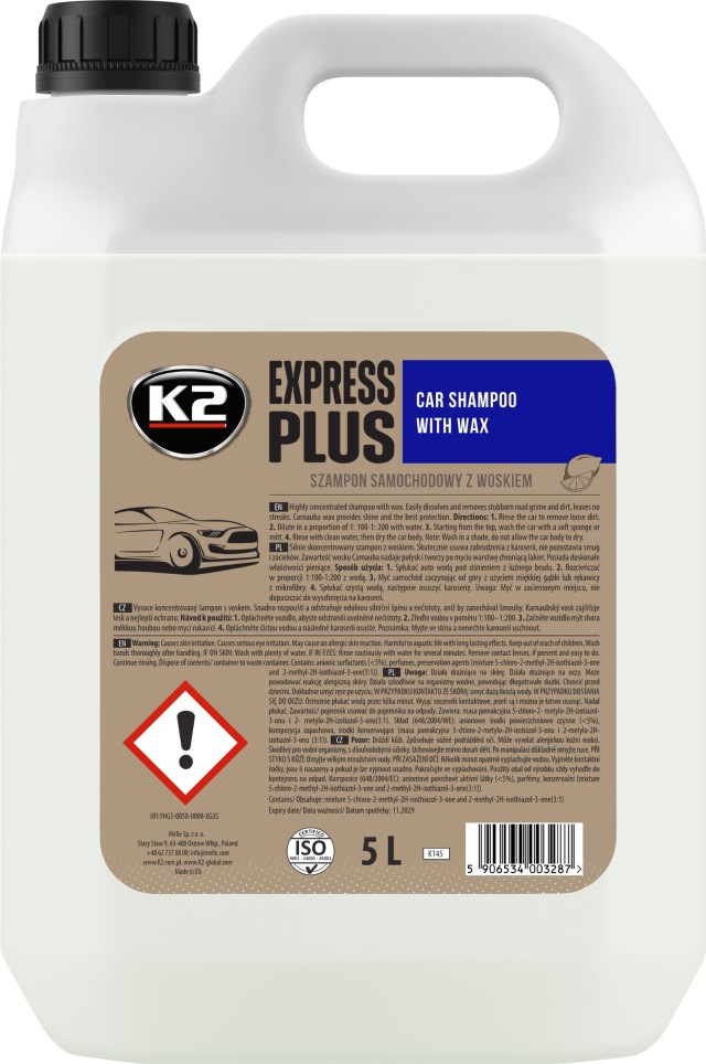 K2 EXPRESS PLUS Συμπυκνωμένο Σαμπουάν Αυτοκινήτου με Κερί Καρναούμπα K145