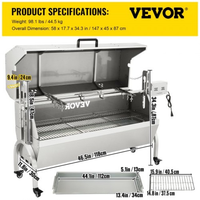 VEVOR  Αρνί Σούβλα, 60kg, Ανοξείδωτο, 40W Μοτέρ, Ρυθμιζόμενο Ύψος, Κλειδωτές Ρόδες, Κάλυμμα, Εξωτερική Ψησταριά.  KYLYCDZ48220V8QO7V2