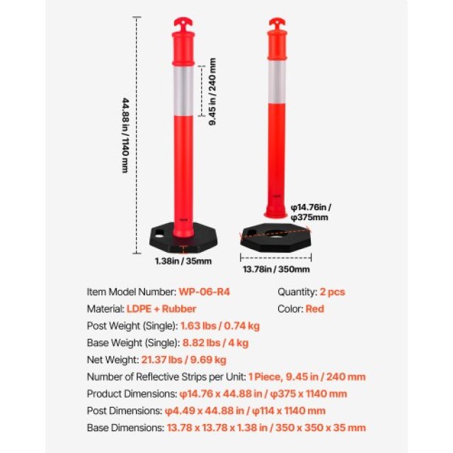 VEVOR Σετ 2 Κολόνες Σήμανσης Κυκλοφορίας 1140 mm με Βάση Βάρους GZD...