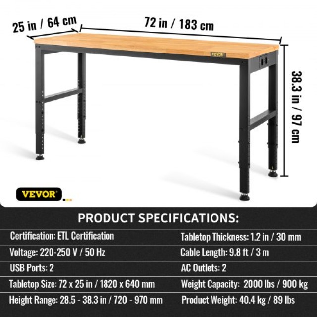 Ρυθμιζόμενος Πάγκος Εργασίας VEVOR 183x64cm με Ξύλινη Επιφάνεια & Μεταλλικό Σκελετό, 900KG Φορτίο, Ρεύμα, για Γραφείο/Σπίτι/Εργαστήριο  SMKDJGZTBDLZO5IUXV2