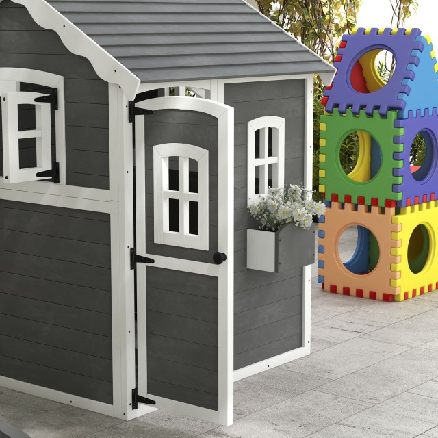 Outsunny Playhouse για παιδιά 3-8 ετών με 6 παράθυρα και ζαρντινιέρα, σε ξύλο ελάτης, 104,5x110x137 cm, Γκρι 345-026V00GY