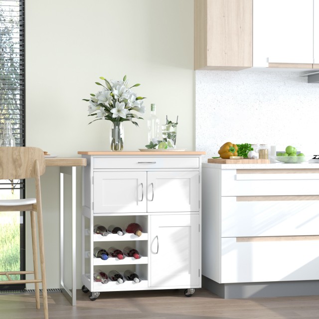 HOMCOM White Wood Kitchen Cart food with Bottle Rack 1 συρτάρι και ...