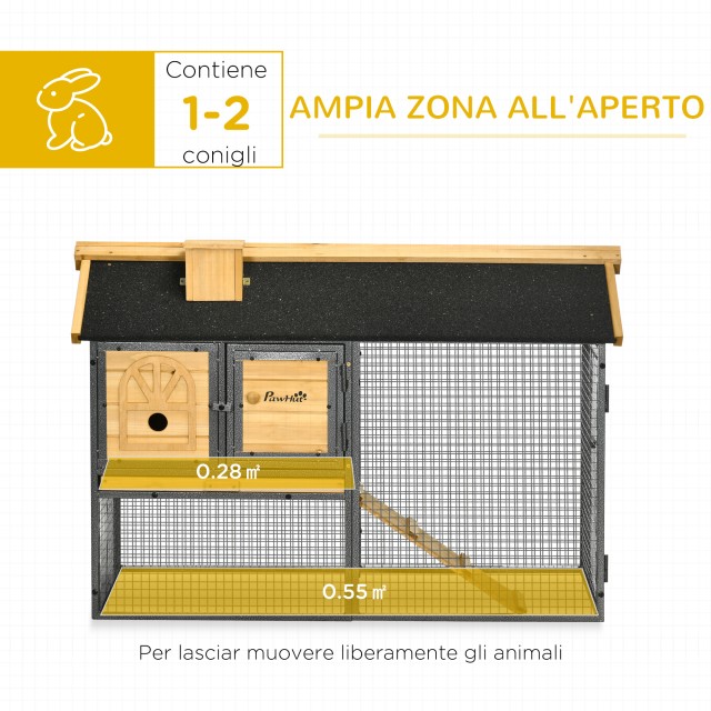 PawHut 2 Tier Spruce and Steel Hutch για κουνέλι εξωτερικού χώρου με αφαιρούμενο δίσκο, σπιτάκι κουνελιού και περιοχή τρεξίματος, 120x55,5x80 cm, κίτρινο και μαύρο D51-354V00BK