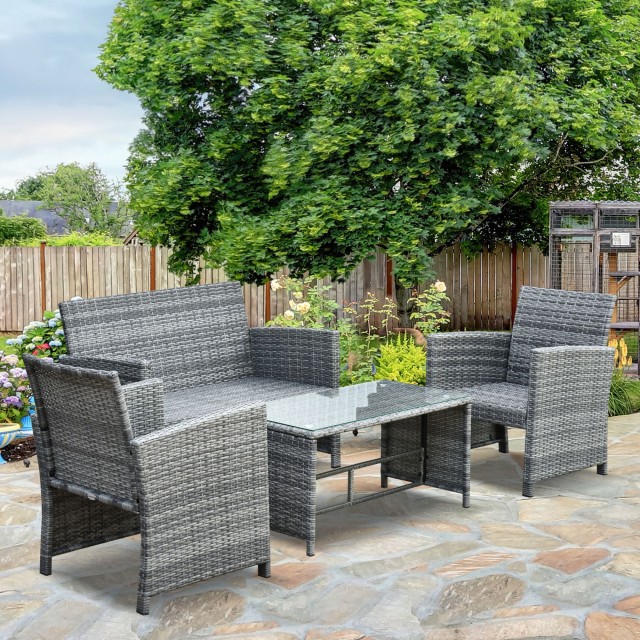 Σετ έπιπλα κήπου Outsunny σε καναπέ PE Rattan και 2 πολυθρόνες με τραπεζάκι σαλονιού και μαξιλάρια γκρι 841-173