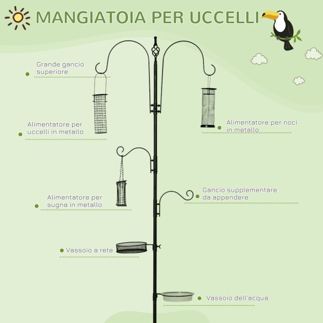 PawHut Bird Feeder με 4 γάντζους με δίσκους και 3 διαφορετικούς τροφοδότες σε ατσάλι 54,5x54,5x208cm Μαύρο D11-007