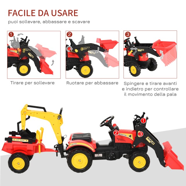 HOMCOM Toy Truck with Pedals, Ride-on Excavator για Παιδιά με Φτυάρια και Τιμόνι, 179x42x59cm Πολύχρωμο 341-033