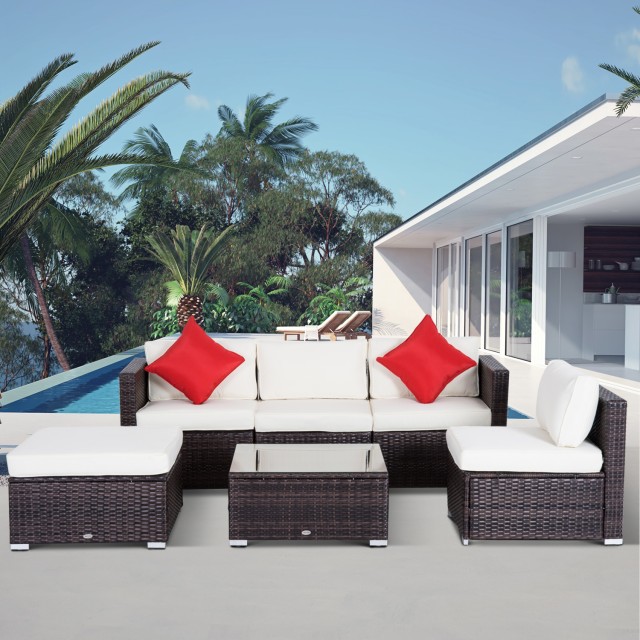 Σετ Έπιπλα Κήπου Outsunny σε PE Rattan 4 Πολυθρόνες 1 Πουφ 1 Τραπεζάκι Σαλονιού από σκληρυμένο γυαλί 2 μαξιλάρια 01-0319
