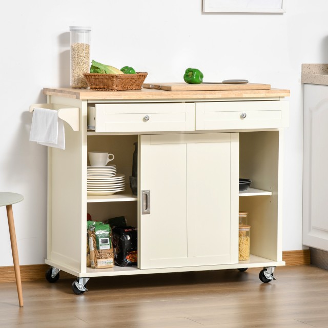 HOMCOM Kitchen Island για σκεύη και αξεσουάρ με συρτάρια, ντουλάπι και κρεμάστρα για πετσέτες, 110x49,5x89,5 cm, Λευκό 801-171