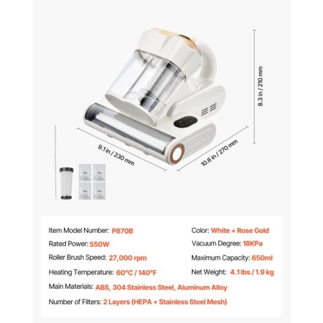 VEVOR Σκούπα Στρωμάτων 18Kpa HEPA 550W Λευκή CMY400W14KPAKIOJZ001V2