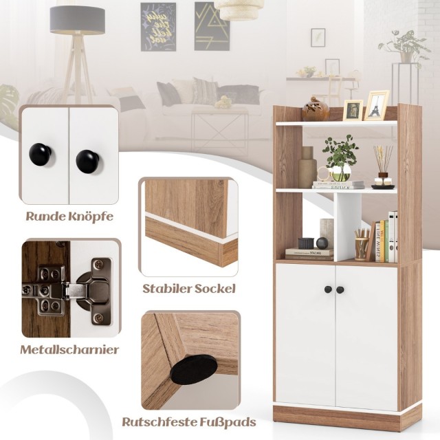 Costway Ράφι βιβλιοθήκης με διπλή πόρτα, 3 επιπέδων, με ανοιχτά ράφ...