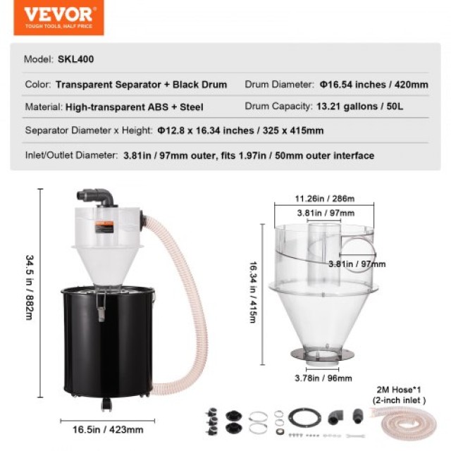 VEVOR Διαχωριστής Κυκλώνα Σκόνης με Δεξαμενή για Σκούπα 4 για Δεξαμενή 50L DTXFCCQTJZXBLCKLWV0