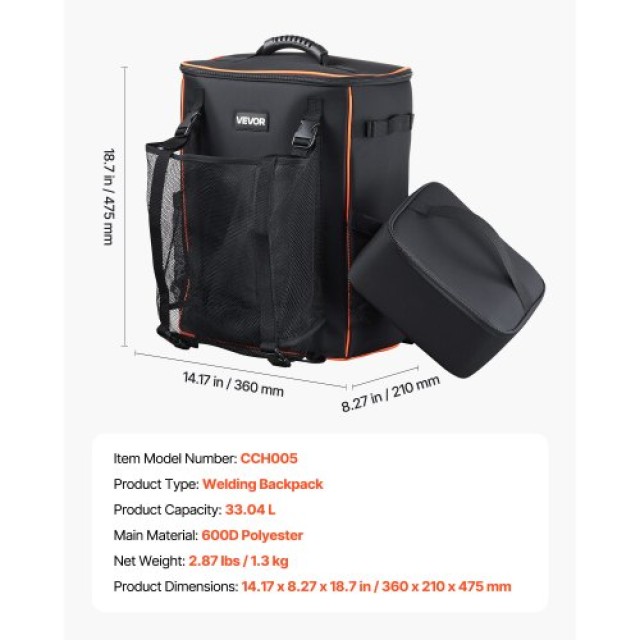VEVOR Σακίδιο Συγκολλητή 33L από Πολυεστέρα 600D για Εργαλεία και Κ...