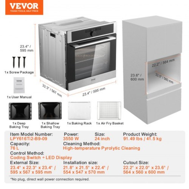 VEVOR Εντοιχιζόμενος Φούρνος 24 Ηλεκτρικός με 16 Λειτουργίες 2.68 Cu. Ft  QRSDKXSXK315DHPQNV2