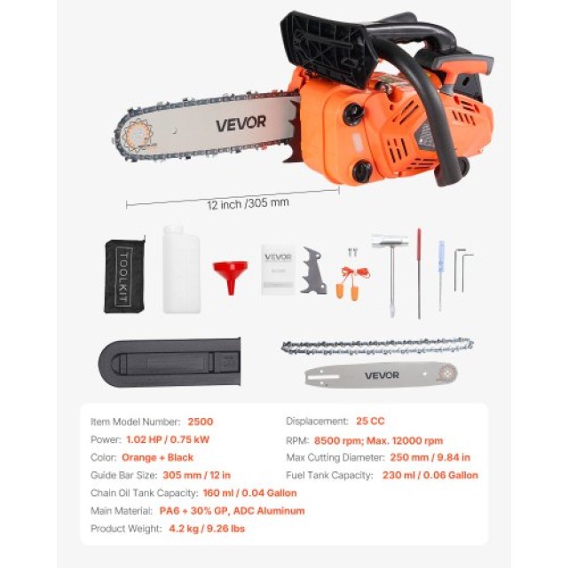 VEVOR Αλυσοπρίονο Βενζίνης 25cc 1.02 HP 12 ιντσών για Κοπή Ξύλου RQ...