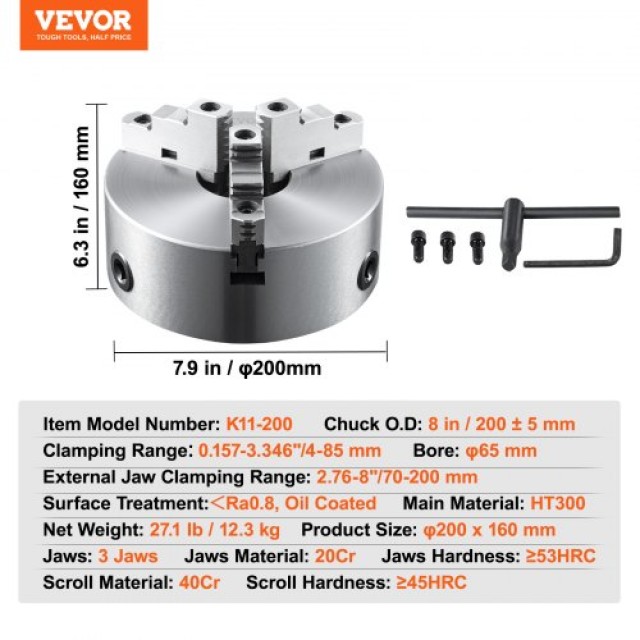 Τόρνος VEVOR 3 Σιαγόνων 8 Αυτοκεντρούμενος, 4-200 mm, με Κλειδί T και Εξάγωνο Κλειδί  SZKP8YC3G000VDWGDV0