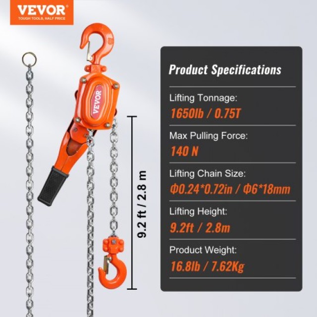 VEVOR Χειροκίνητος Αλυσοτροχός 3/4 Τόνου, 10 FT, για Γκαράζ/Εργοστάσιο/Λιμάνι  CGSBHL34T10FT5KRRV0